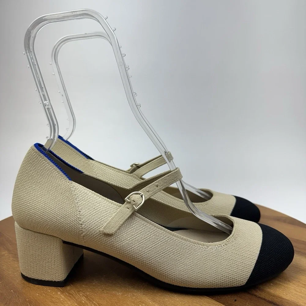 New NWOB Womens Rothys The Mary Jane Beige Knit Cap Toe Block Heels Size 10.5 M
